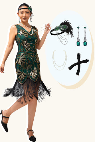 Glitter Grün Golden Etui Gesäumt Pailletten Kurze Flapper Kleid mit 20s Zubehörset