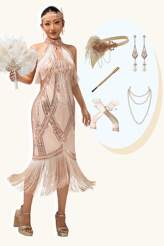 Glitter Champagner Neckholder Bodycon Flapper Kleid mit 1920er Zubehörset