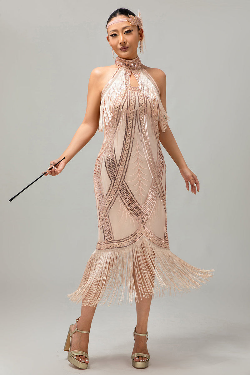 Laden Sie das Bild in den Galerie-Viewer, Glitter Champagner Neckholder Bodycon Flapper Kleid mit 1920er Zubehörset