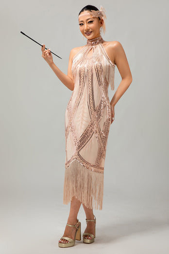Glitter Champagner Neckholder Bodycon Flapper Kleid mit 1920er Zubehörset