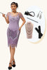 Laden Sie das Bild in den Galerie-Viewer, Glitter Lila Pailletten V-Ausschnitt Kurze Ärmel Flapper Kleid mit 20s Zubehörset