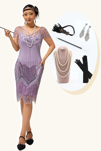 Glitter Lila Pailletten V-Ausschnitt Kurze Ärmel Flapper Kleid mit 20s Zubehörset