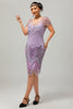 Laden Sie das Bild in den Galerie-Viewer, Glitter Lila Pailletten V-Ausschnitt Kurze Ärmel Flapper Kleid mit 20s Zubehörset