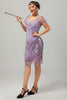 Laden Sie das Bild in den Galerie-Viewer, Glitter Lila Pailletten V-Ausschnitt Kurze Ärmel Flapper Kleid mit 20s Zubehörset