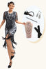 Laden Sie das Bild in den Galerie-Viewer, Glitter Schwarz Silber Gesäumt Pailletten Kurze Ärmel Flapper Kleid mit 1920er Zubehörset