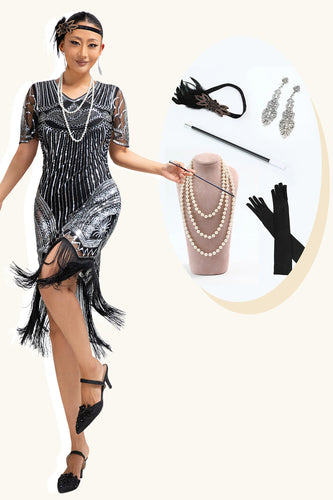 Glitter Schwarz Silber Gesäumt Pailletten Kurze Ärmel Flapper Kleid mit 1920er Zubehörset