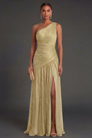 Laden Sie das Bild in den Galerie-Viewer, One schulter Gold Etuikleid Gerafft Langes Abendkleid mit Schlitz
