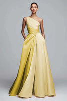Laden Sie das Bild in den Galerie-Viewer, Leely Women Yellow and Daffodil Satin Maxi Formal Dress One Shoulder A Line Patchwork Party Dress Formal Weddig Guest Dress with Pockets Alternative Wedding Guest Dress