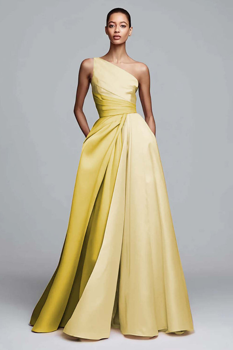 Laden Sie das Bild in den Galerie-Viewer, Leely Women Yellow and Daffodil Satin Maxi Formal Dress One Shoulder A Line Patchwork Party Dress Formal Weddig Guest Dress with Pockets Alternative Wedding Guest Dress