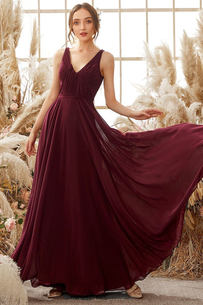 Burgund V-Ausschnitt Chiffon BrautjungfernKleid