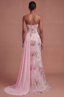 Laden Sie das Bild in den Galerie-Viewer, Rosa Blumenmuster Glitzer Langes Abiballkleid mit Cape