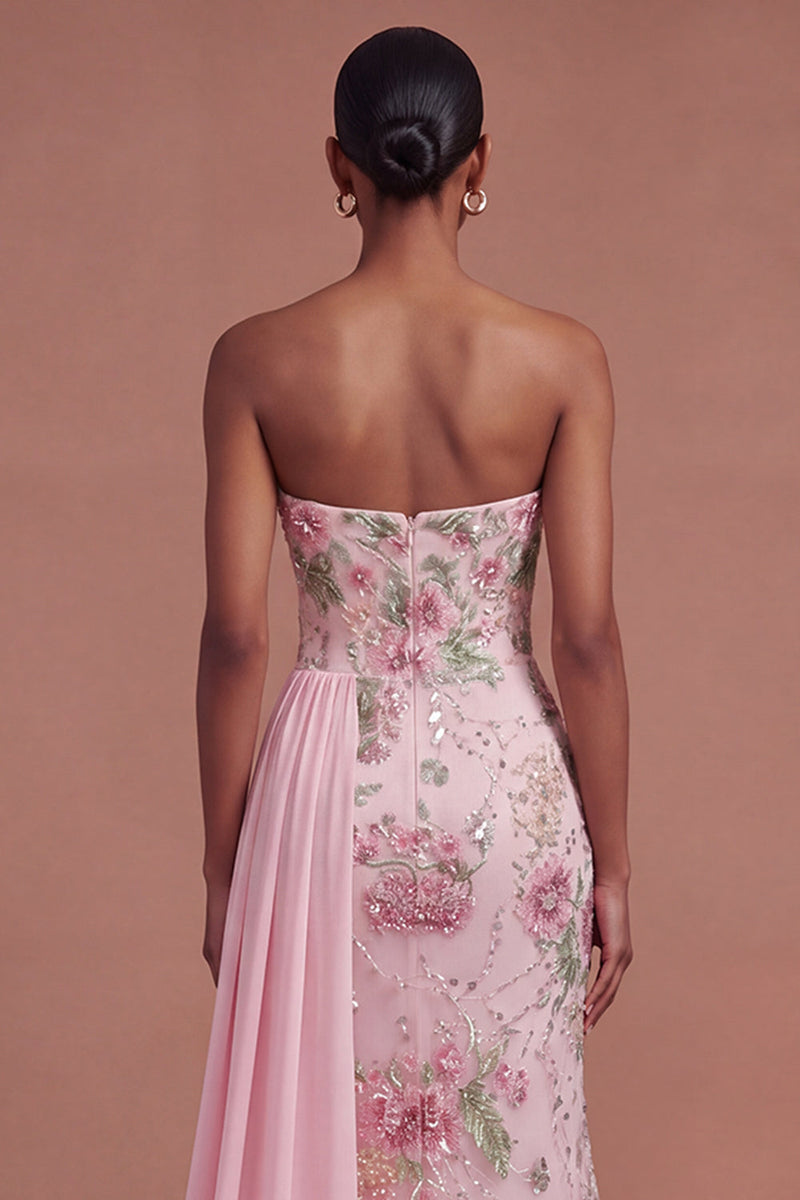 Laden Sie das Bild in den Galerie-Viewer, Rosa Blumenmuster Glitzer Langes Abiballkleid mit Cape
