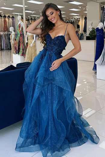 Blau A Linie Korsett Gestaffelt Spaghettiträger Lange Abendkleid mit 3D Blumen