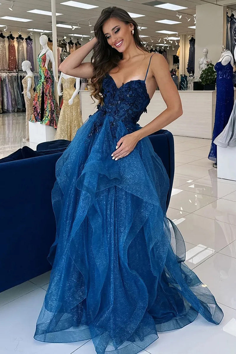 Laden Sie das Bild in den Galerie-Viewer, Blau A Linie Korsett Gestaffelt Spaghettiträger Lange Abendkleid mit 3D Blumen