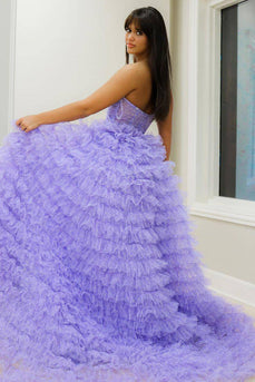 Lila Blumen Gestuftes Prinzessinnen Korsett Abendkleid mit Schlitz