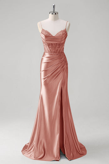 Grün Meerjungfrau Spaghettiträger Satin Korsett Langes Ballkleid mit Schlitz