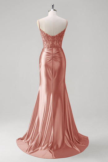 Grün Meerjungfrau Spaghettiträger Satin Korsett Langes Ballkleid mit Schlitz