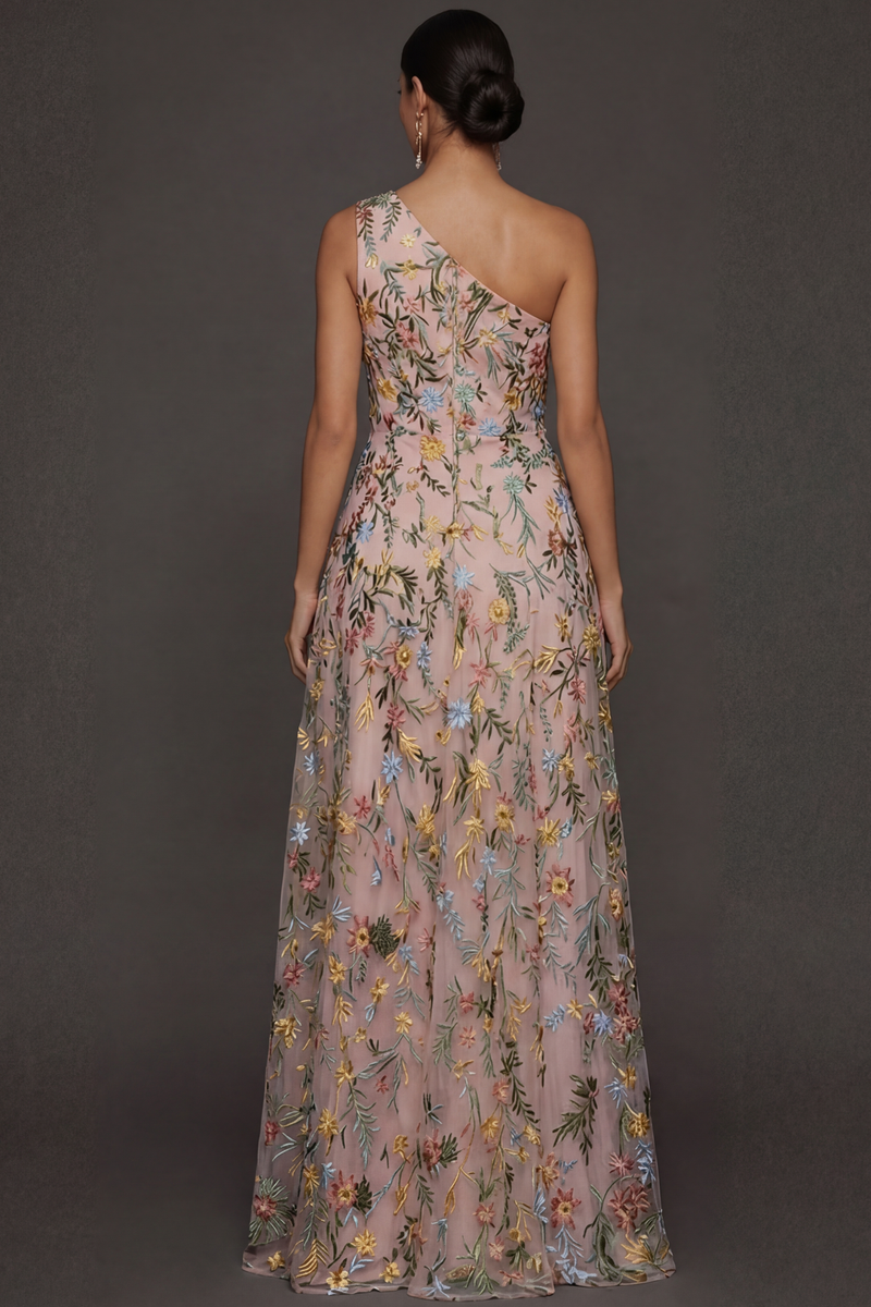 Laden Sie das Bild in den Galerie-Viewer, Blumenmuster Mauve One schulter A-Linien Langes Abendkleid mit Schlitz