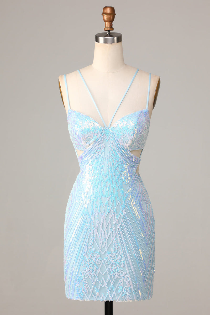 Laden Sie das Bild in den Galerie-Viewer, So atemberaubend Bodycon Spaghetti Träger Blaue Pailletten Kurzes Cocktailkleid