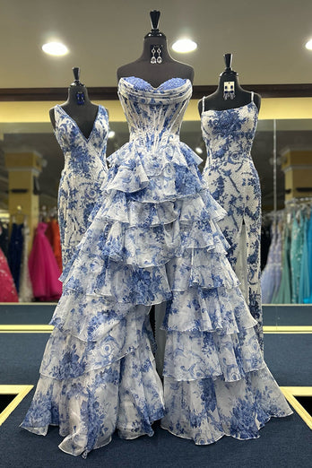 A-Linie Errötendes Herzausschnitt Korsett Langes Abendkleid mit Blumen-Print