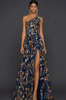 Laden Sie das Bild in den Galerie-Viewer, Blumenmuster Mauve One schulter A-Linien Langes Abendkleid mit Schlitz