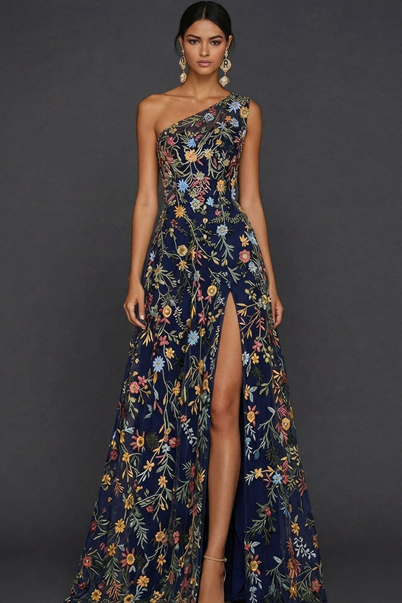 Laden Sie das Bild in den Galerie-Viewer, Blumenmuster Mauve One schulter A-Linien Langes Abendkleid mit Schlitz