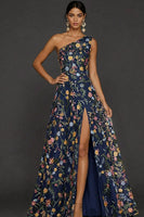 Laden Sie das Bild in den Galerie-Viewer, Blumenmuster Mauve One schulter A-Linien Langes Abendkleid mit Schlitz
