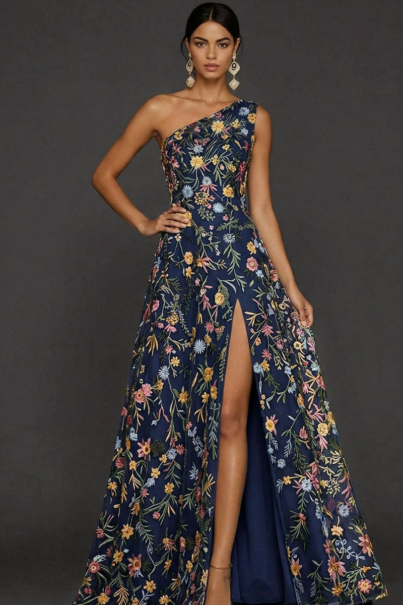Laden Sie das Bild in den Galerie-Viewer, Blumenmuster Mauve One schulter A-Linien Langes Abendkleid mit Schlitz