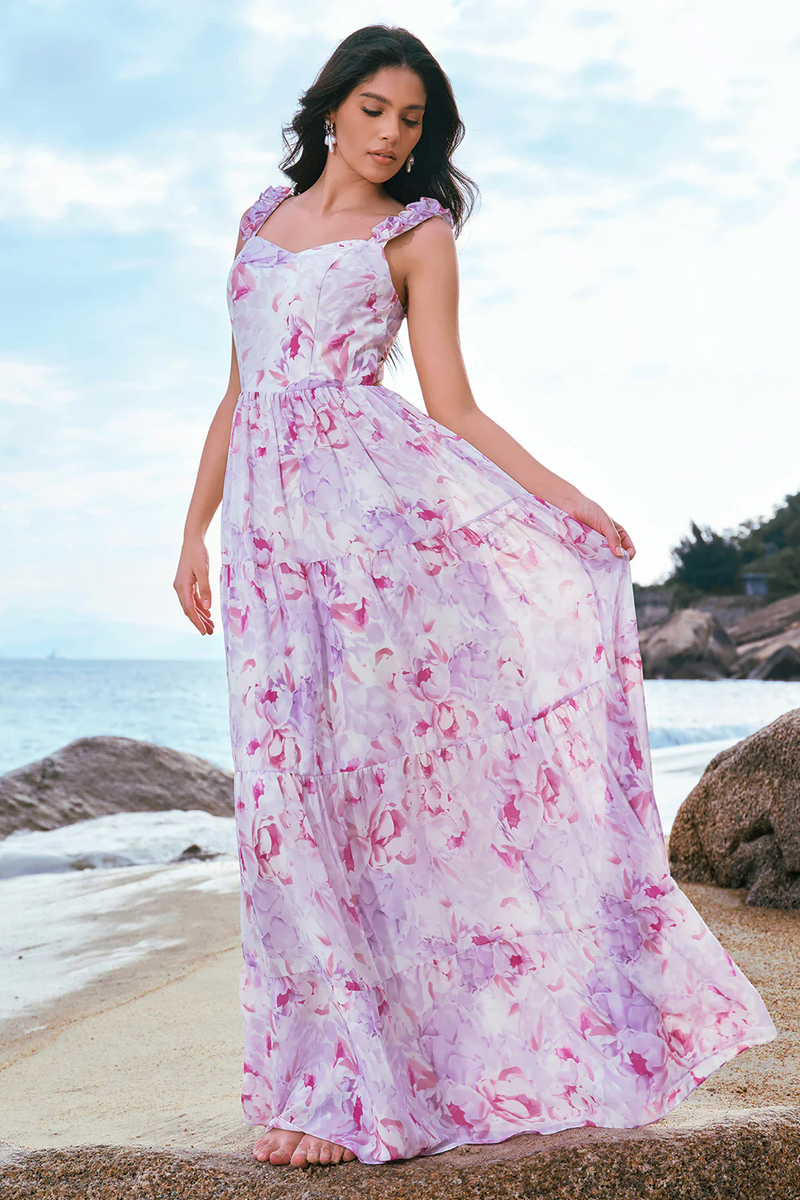 Laden Sie das Bild in den Galerie-Viewer, Grau Lila Blumen Spaghettiträger A-Linie Brautjungfernkleid