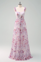 Laden Sie das Bild in den Galerie-Viewer, Grau Lila Blumen Spaghettiträger A-Linie Brautjungfernkleid