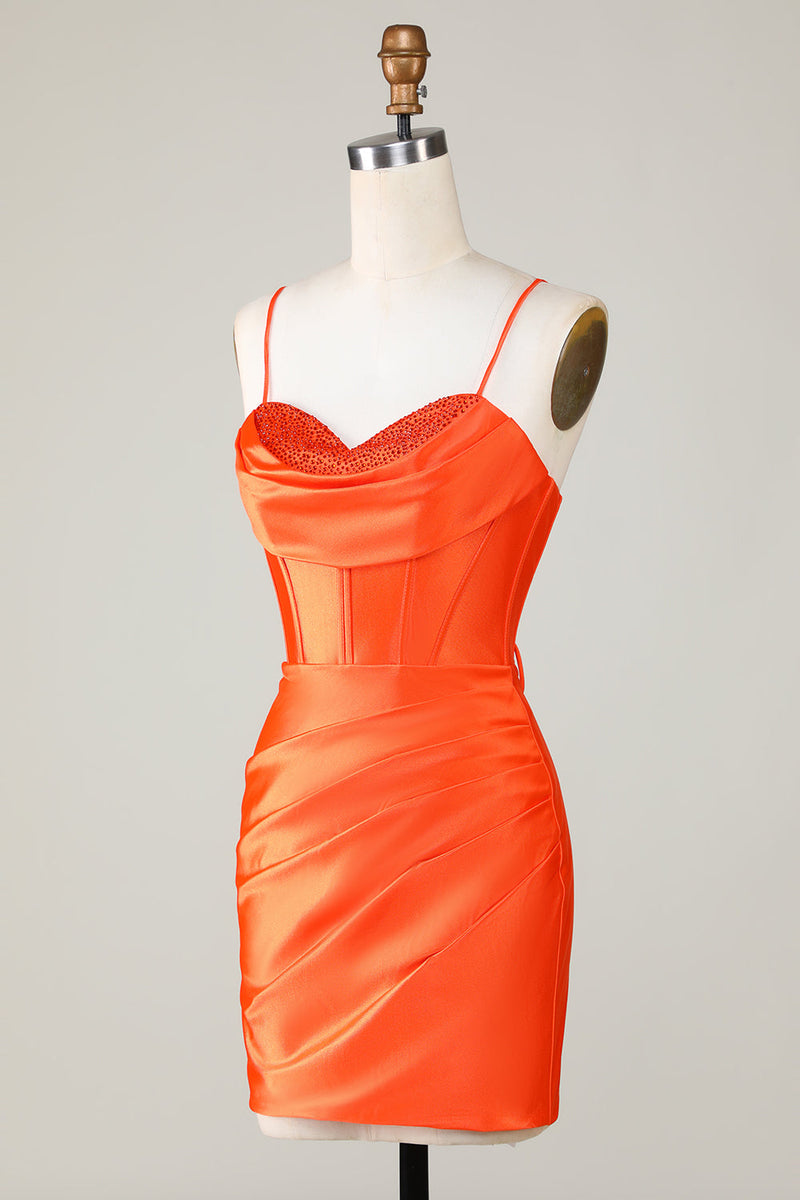 Laden Sie das Bild in den Galerie-Viewer, Glitzerndes orangefarbenes Perlenkorsett Enges kurzes Cocktailkleid