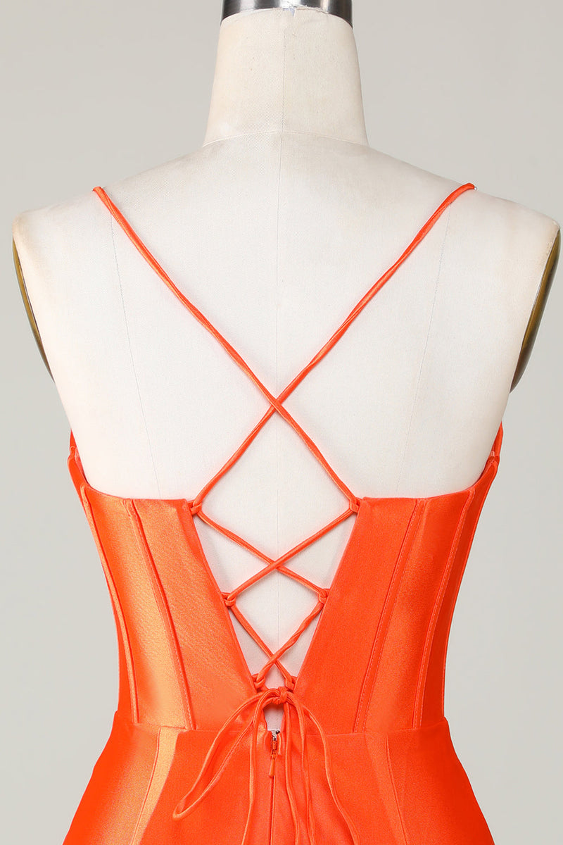 Laden Sie das Bild in den Galerie-Viewer, Glitzerndes orangefarbenes Perlenkorsett Enges kurzes Cocktailkleid
