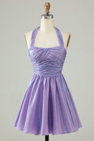 Laden Sie das Bild in den Galerie-Viewer, Lila Neckholder mit offenem Rücken ärmelloses A Line Cocktailkleid