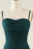 Laden Sie das Bild in den Galerie-Viewer, Mantel Spaghettiträger Dunkelgrünes Langes Hochzeitsgastkleid mit Schlitz vorne