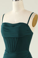 Laden Sie das Bild in den Galerie-Viewer, Mantel Spaghettiträger Dunkelgrünes Langes Hochzeitsgastkleid mit Schlitz vorne