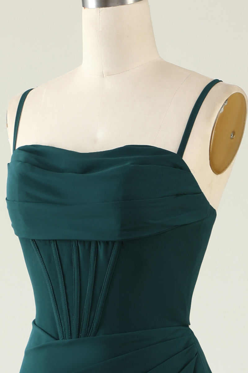Laden Sie das Bild in den Galerie-Viewer, Mantel Spaghettiträger Dunkelgrünes Langes Hochzeitsgastkleid mit Schlitz vorne