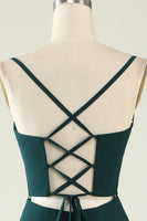 Laden Sie das Bild in den Galerie-Viewer, Mantel Spaghettiträger Dunkelgrünes Langes Hochzeitsgastkleid mit Schlitz vorne