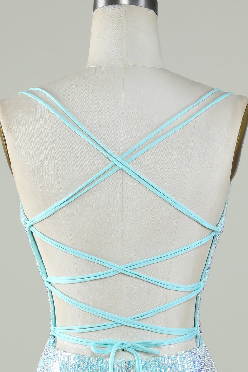 Laden Sie das Bild in den Galerie-Viewer, Bling Sheath Spaghettiträger Hellblau Pailletten Kurzes Cocktailkleid mit kreuz und quer gekreuztem Rücken