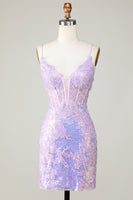 Laden Sie das Bild in den Galerie-Viewer, Bling Bodycon Spaghettiträger Lila Korsett Cocktailkleid mit kreuz und quer gekreuztem Rücken