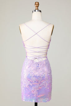 Bling Bodycon Spaghettiträger Lila Korsett Cocktailkleid mit kreuz und quer gekreuztem Rücken