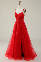 Laden Sie das Bild in den Galerie-Viewer, Dunkelgrünes Spaghettiträger Tüll Ballkleidkleid mit Applikationen und Schlitz