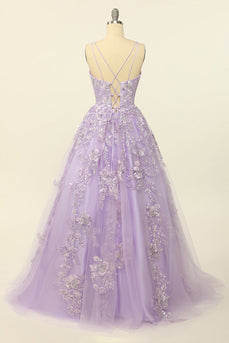 Lila Spaghettiträger Ballkleid mit Applikationen