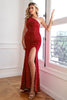 Laden Sie das Bild in den Galerie-Viewer, Glitzernde Meerjungfrau Eine Schulter Fuchsia Pailletten Langes Ballkleid mit Schlitz