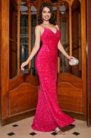 Laden Sie das Bild in den Galerie-Viewer, Glitzerndes Fuchsie Meerjungfrauen V-Ausschnitt Pailletten Spaghettiträger Ballkleid mit Schlitz