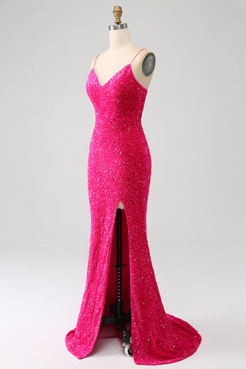 Glitzerndes königsblaues Meerjungfrauen-Spaghettiträger-Paillettenkleid mit Pailletten und Schlitz