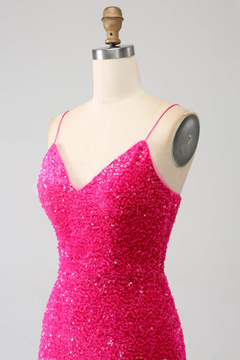 Glitzerndes königsblaues Meerjungfrauen-Spaghettiträger-Paillettenkleid mit Pailletten und Schlitz