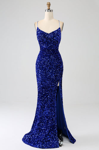 Glitzerndes königsblaues Meerjungfrauen-Spaghettiträger-Paillettenkleid mit Pailletten und Schlitz