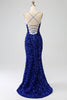 Laden Sie das Bild in den Galerie-Viewer, Fuchsia Meerjungfrau Spaghettiträger V-Ausschnitt Pailletten Ballkleid mit Schlitz
