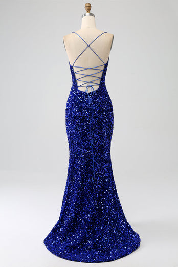 Glitzerndes königsblaues Meerjungfrauen-Spaghettiträger-Paillettenkleid mit Pailletten und Schlitz