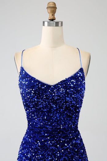 Glitzerndes königsblaues Meerjungfrauen-Spaghettiträger-Paillettenkleid mit Pailletten und Schlitz